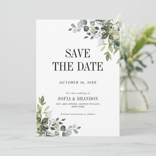 Save The Date Eucalyptus vert émeraude Rustique photo Mariage (Debout devant)