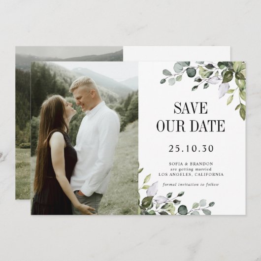 Save The Date Eucalyptus vert émeraude Rustique photo Mariage (Devant / Derrière)
