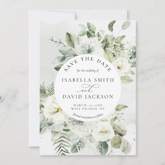 Save The Date Eucalyptus Vert feuillage Sage Vert Blanc Floral (Devant)