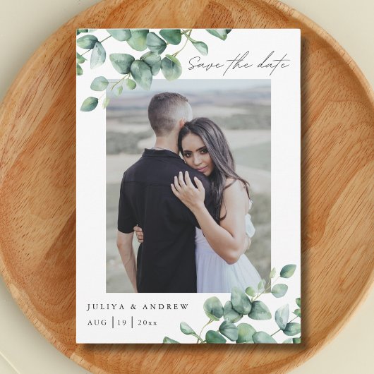 Save The Date Eucalyptus vert script photo code QR