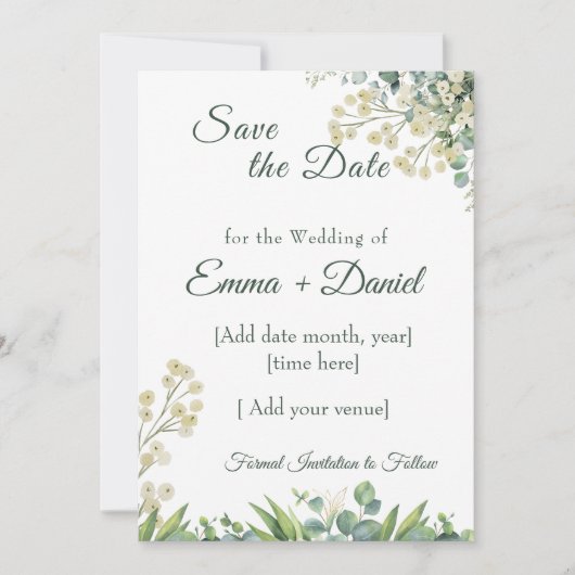 Save The Date Eucalyptus & White Florals Botanical Wedding (Devant)