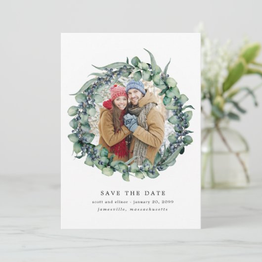 Save The Date Eucalyptus Wreath Wedding Enregistrer la date (Debout devant)