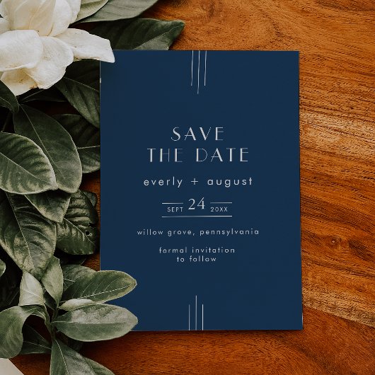 Save The Date EVERLY Classic Modern Art Deco Navy Blue Wedding