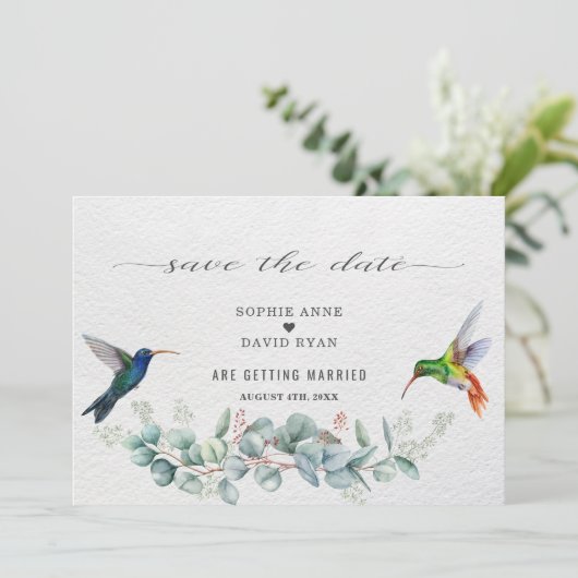 Save The Date Exotic Hummingbirds Eucalyptus Protea Wedding (Debout devant)
