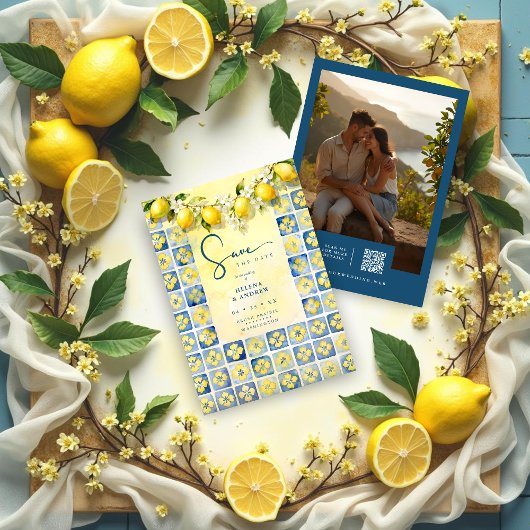 Save The Date Exquisite Mediterranean Tiles Floral Lemons Photo