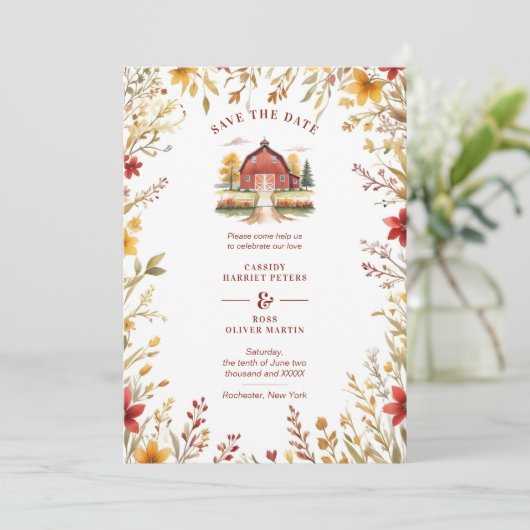 Save The Date Exquisite Rustic Barn Farmhouse Fall Floral Frame (Debout devant)