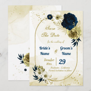 Save The Date Extraordinaire marine bleu ivoire fleurs or géomét