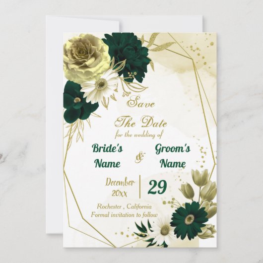 Save The Date Extraordinaires fleurs d'ivoire vert émeraude géom (Devant)