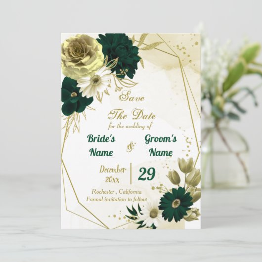 Save The Date Extraordinaires fleurs d'ivoire vert émeraude géom (Debout devant)