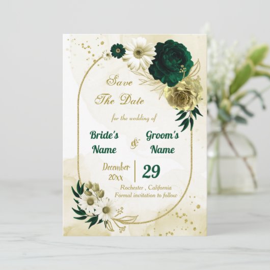 Save The Date Extraordinaires fleurs d'ivoire vert émeraude géom (Debout devant)