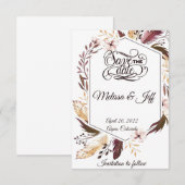 Save The Date Faire part avec plumes boho violettes (Devant / Derrière)
