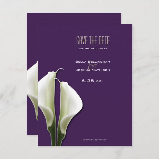 Save The Date Faire part de Calla Lily sur fond violet (Devant / Derrière)