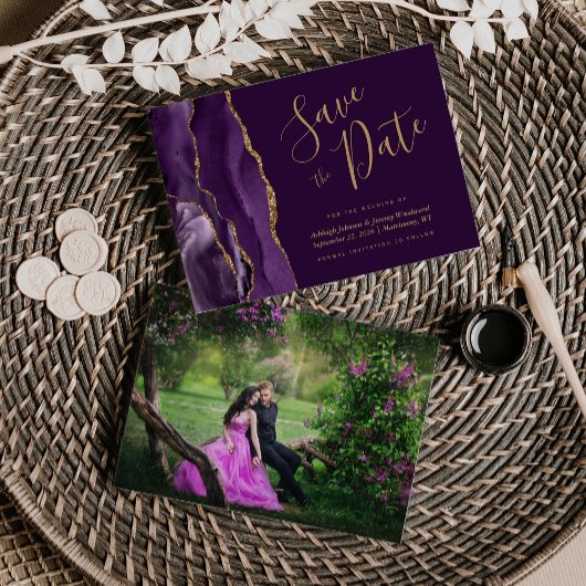 Save The Date Faire part de date de mariage Agate Violet Or Prun