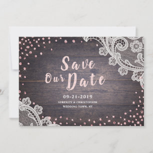 Save The Date Faire part de dentelle rustique et de bois avec pa