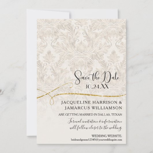 Save The Date Faire part de Gilded Scroll Damask ivoire or (Devant)