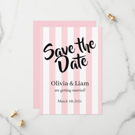 Save The Date Faire part de mariage à la date ! Rayure rose (Devant/Arrière en situation)