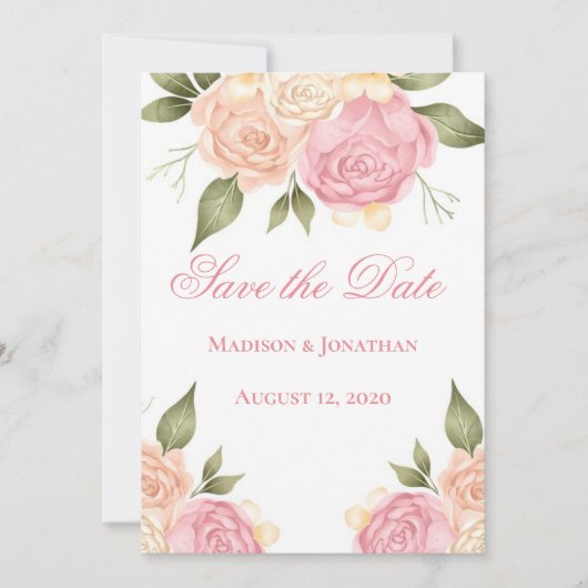 Save The Date Faire part de mariage à l'aquarelle florale rose (Devant)