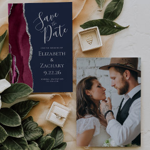 Save The Date Faire part de mariage Agate Bourgogne Argent Navy