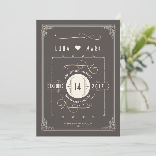 Save The Date Faire part de mariage Art Déco Gatsby (Debout devant)