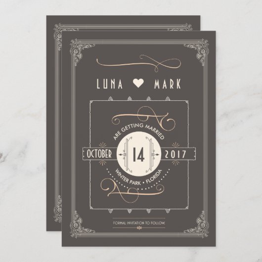 Save The Date Faire part de mariage Art Déco Gatsby (Devant / Derrière)
