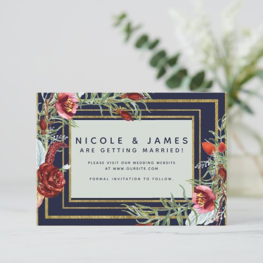 Save The Date Faire part de mariage automnal Marsala Floral Bleu (Debout devant)