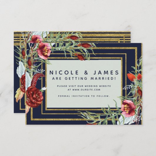 Save The Date Faire part de mariage automnal Marsala Floral Bleu (Devant / Derrière)