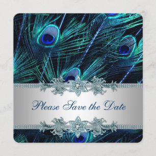 Save The Date Faire part de mariage bleu royal et argent paon