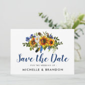 Save The Date Faire part de mariage champêtre bleu et jaune (Debout devant)