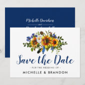 Save The Date Faire part de mariage champêtre bleu et jaune (Devant / Derrière)