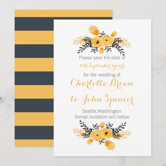 Save The Date faire part de mariage floral aquarelle gris jaune (Devant / Derrière)