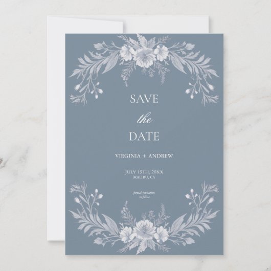 Save The Date Faire part de mariage floral bleu poussiéreux vict (Devant)