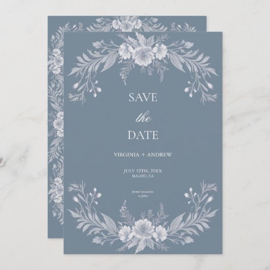 Save The Date Faire part de mariage floral bleu poussiéreux vict (Devant / Derrière)