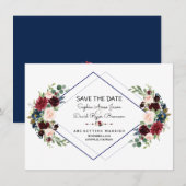 Save The Date Faire part de mariage Geometric Merlot Bleu Marine (Devant / Derrière)