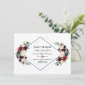 Save The Date Faire part de mariage Geometric Merlot Bleu Marine (Debout devant)