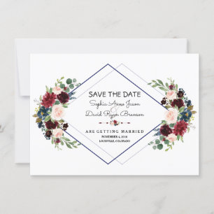 Save The Date Faire part de mariage géométrique Merlot Bleu mari