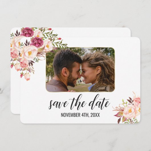 Save The Date Faire part de mariage Glam Gold Blush Fleurs roses (Devant / Derrière)