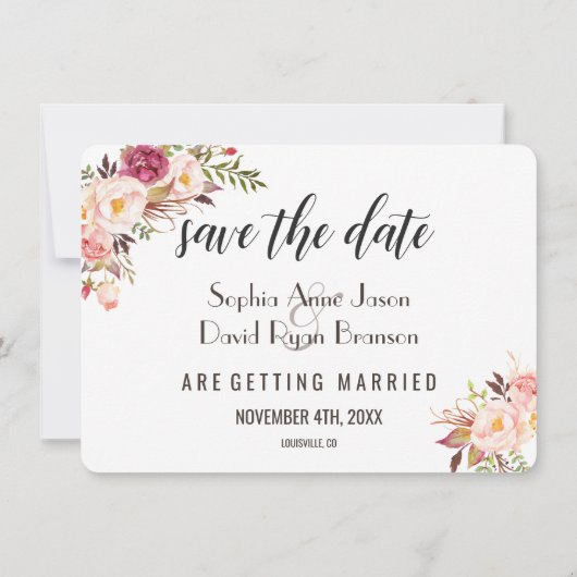 Save The Date Faire part de mariage Glam Gold Blush Fleurs roses (Dos)