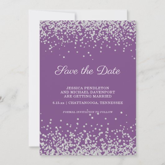 Save The Date Faire part de mariage pailleté argent violet (Devant)