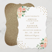 Save The Date Faire part de mariage Peach Gold Floral Confetti (Devant / Derrière)