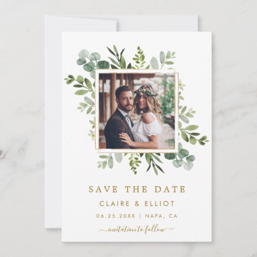 Save The Date Faire part de mariage photo vert or botanique (Devant)