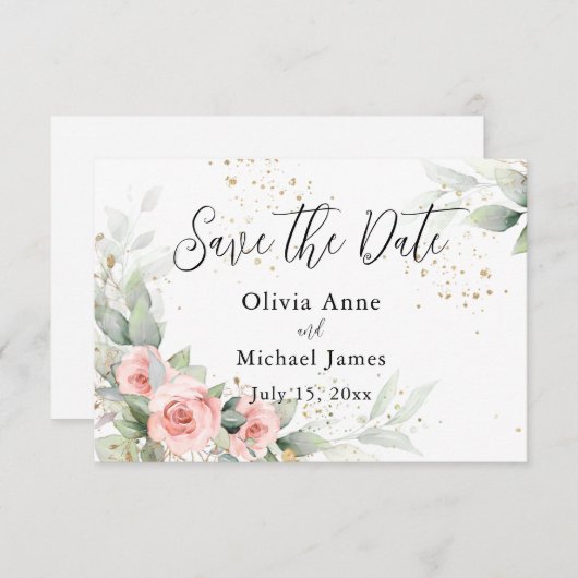 Save The Date Faire part de roses aquarelles rose tendre (Devant / Derrière)