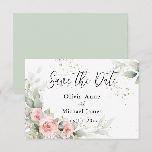 Save The Date Faire part de roses aquarelles rose tendre (Devant / Derrière)