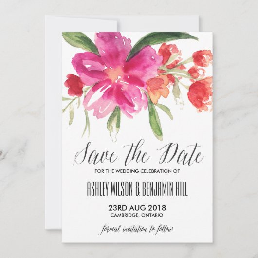 Save The Date Faire part de sauvegarde à l'aquarelle rose chaud  (Devant)