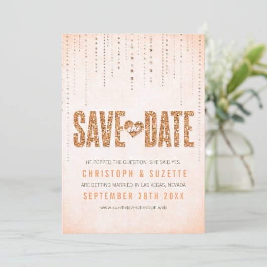 Save The Date Faire part de sauvegarde avec paillettes de pêche (Debout devant)