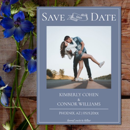 Save The Date Faire part moderne de photo de mariage bleu poussi