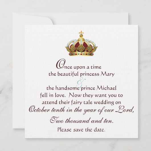Save The Date Fairy Tale Gold Couronne royale Enregistrer la dat (Devant)
