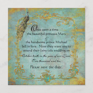 Save The Date Fairy Tale Gold Filigree Peacock & Crown