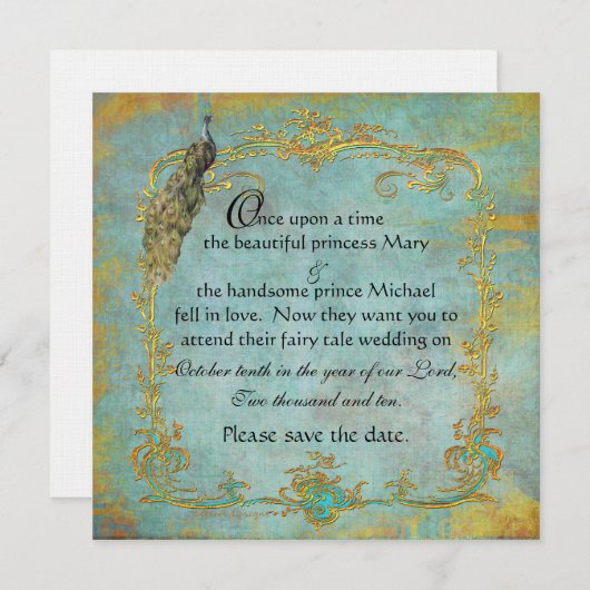 Save The Date Fairy Tale Gold Filigree Peacock & Crown (Devant / Derrière)