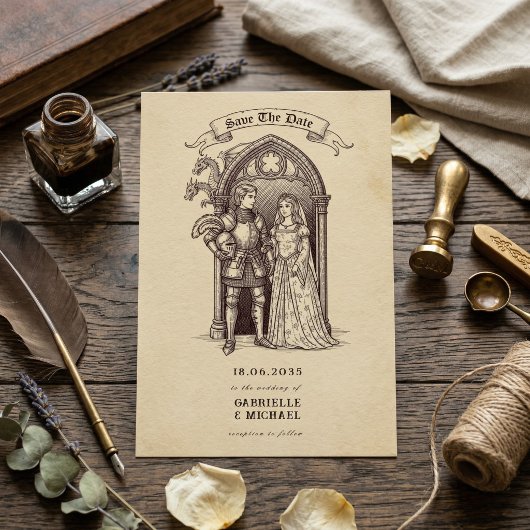 Save The Date Fairytale Couple Gothic Arch Medieval Wedding