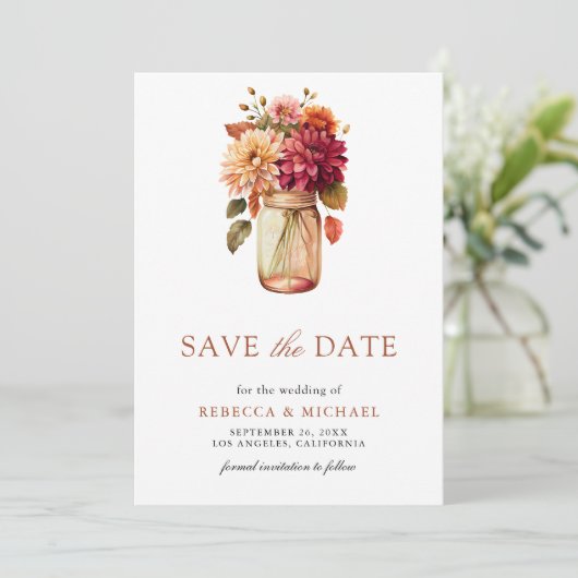 Save The Date Fall Dahlia Mason Jar Mariage photo (Debout devant)